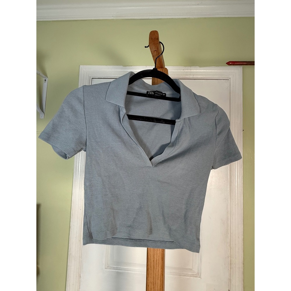 Zara Light Blue Ribbed Knit Crew Neck Short Sleeve Top Size Small